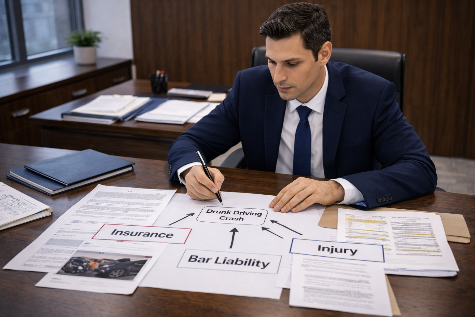 lawyer mapping out a complex drunk driving crash case with insurance, bar liability, and injury documents spread across a table