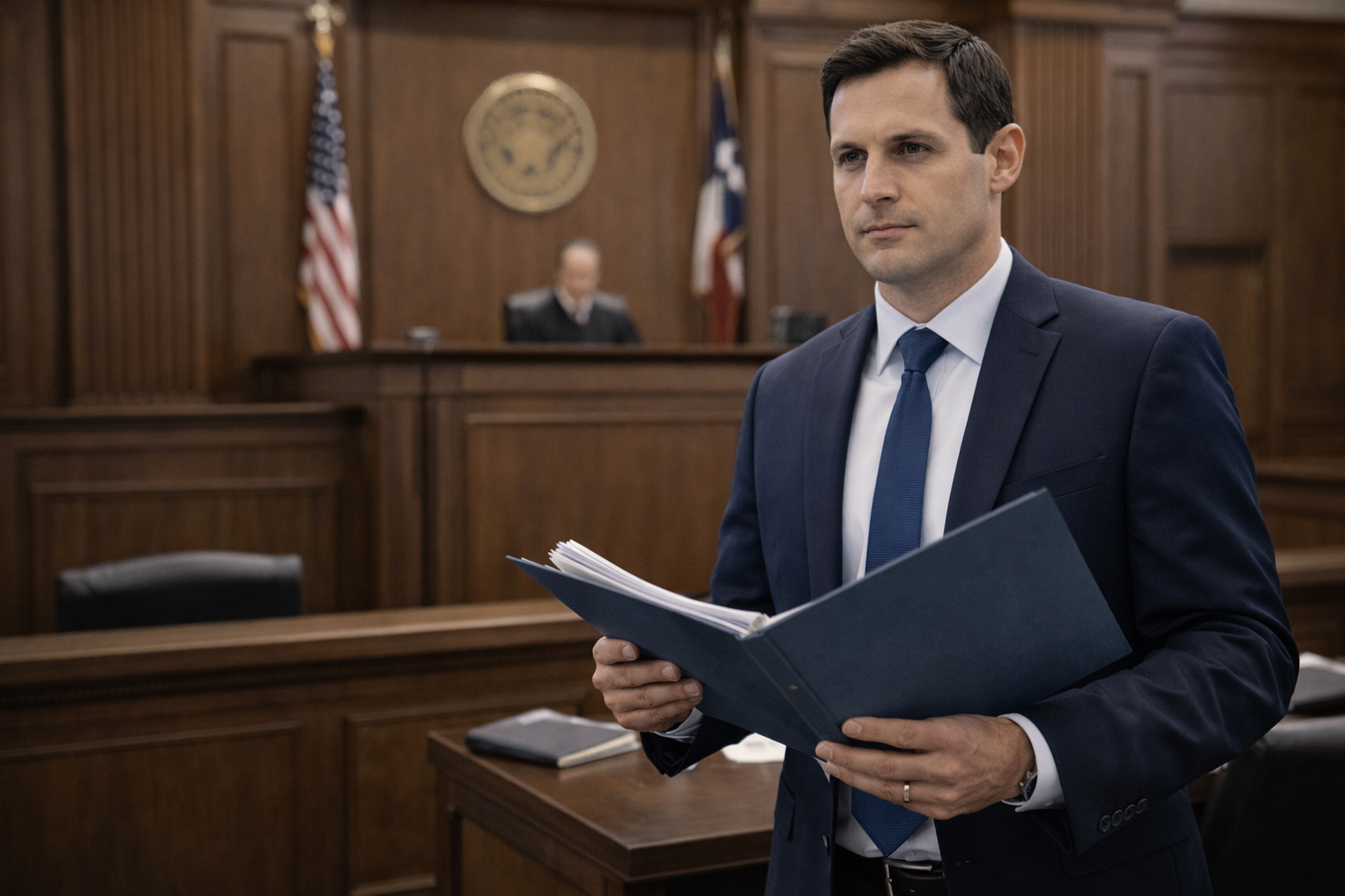 Attorney in courthouse with case file