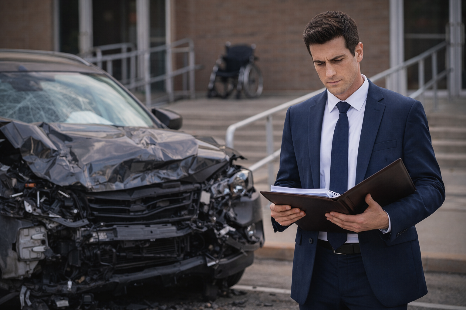 Attorney reviewing case by damaged sedan