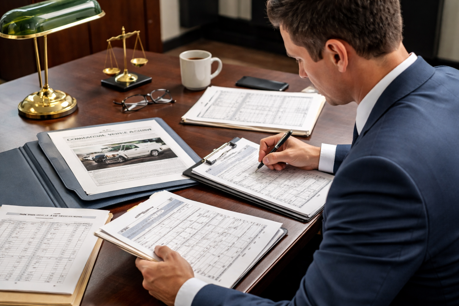 Attorney reviewing commercial vehicle accident documents