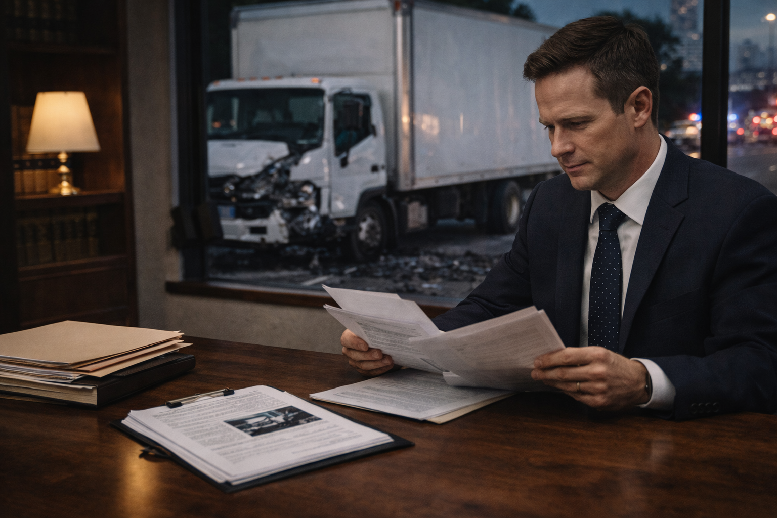Attorney reviewing crash documents in office