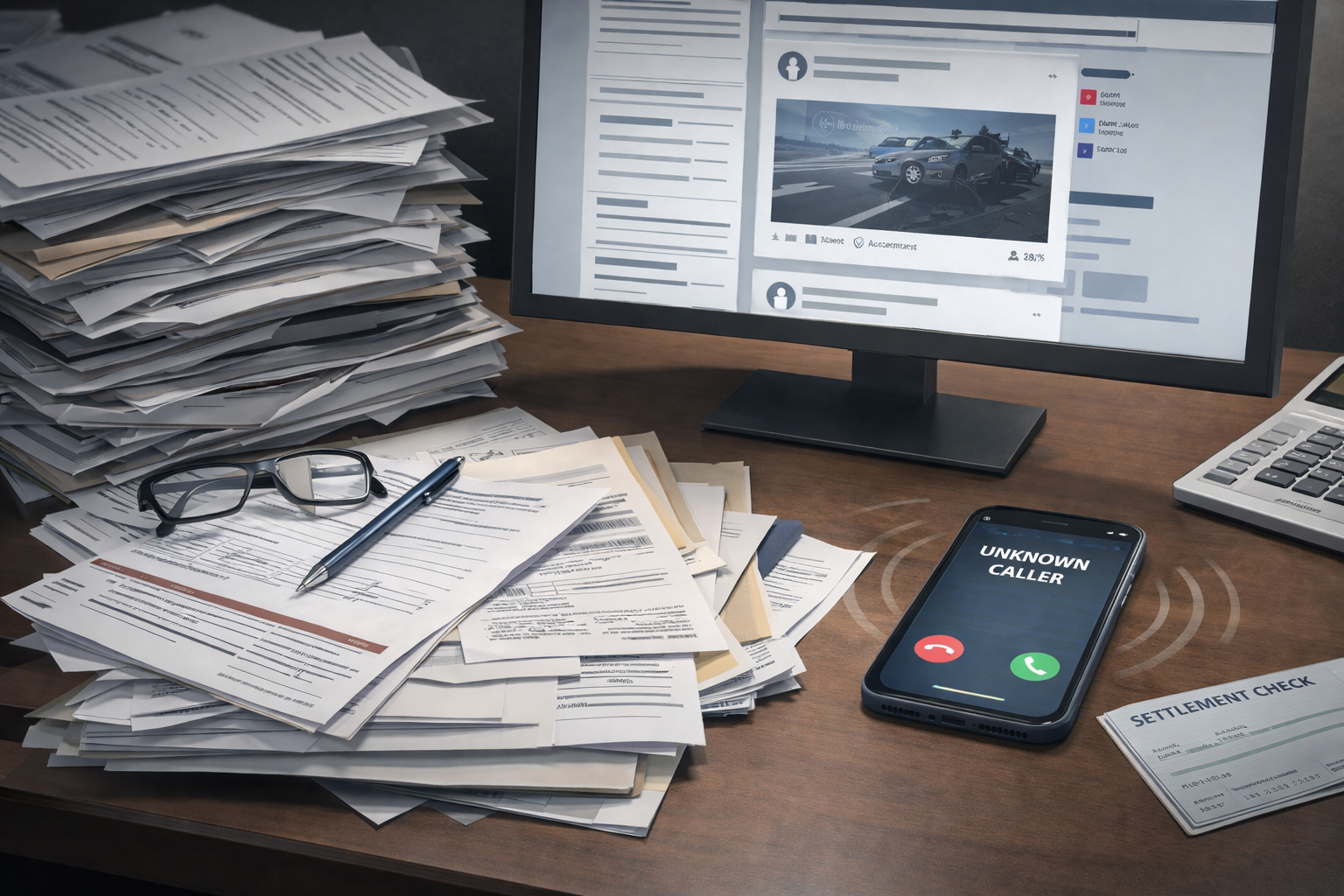 Cluttered desk and settlement paperwork