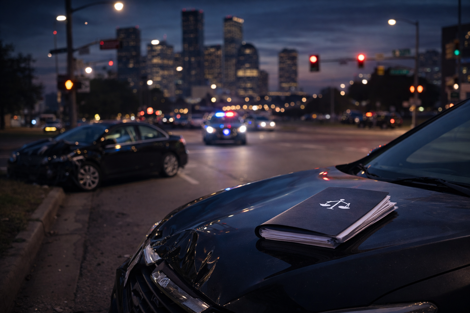 Damaged car and legal case at dusk