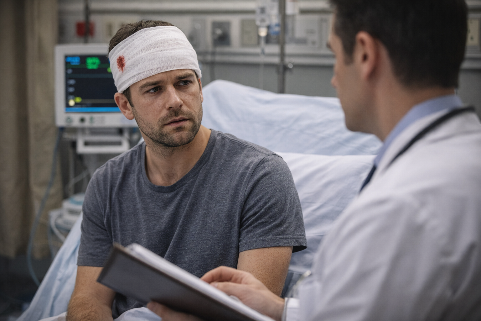 Doctor consults patient in hospital room