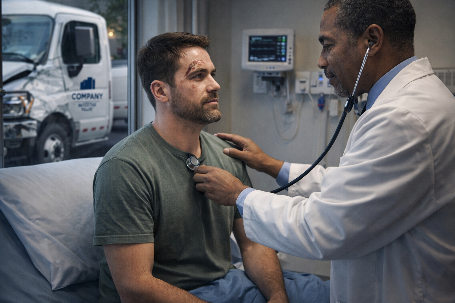 Doctor evaluating crash victim in hospital