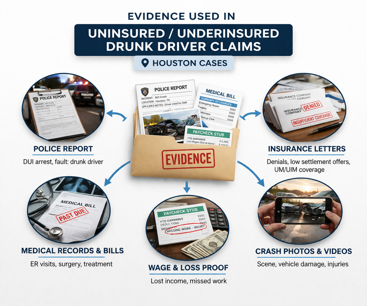 uninsured underinsured drunk driver claims Houston evidence infographic