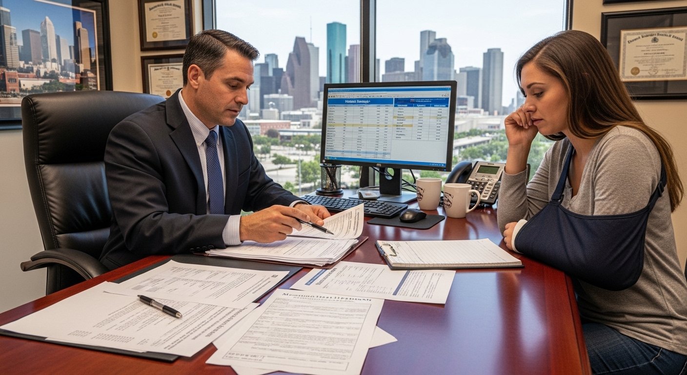 Houston lawyer and client reviewing damages in a drunk driving accident lawsuit