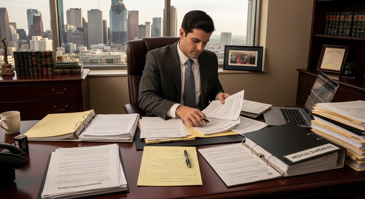 Houston lawyer preparing a drunk driving accident lawsuit for court