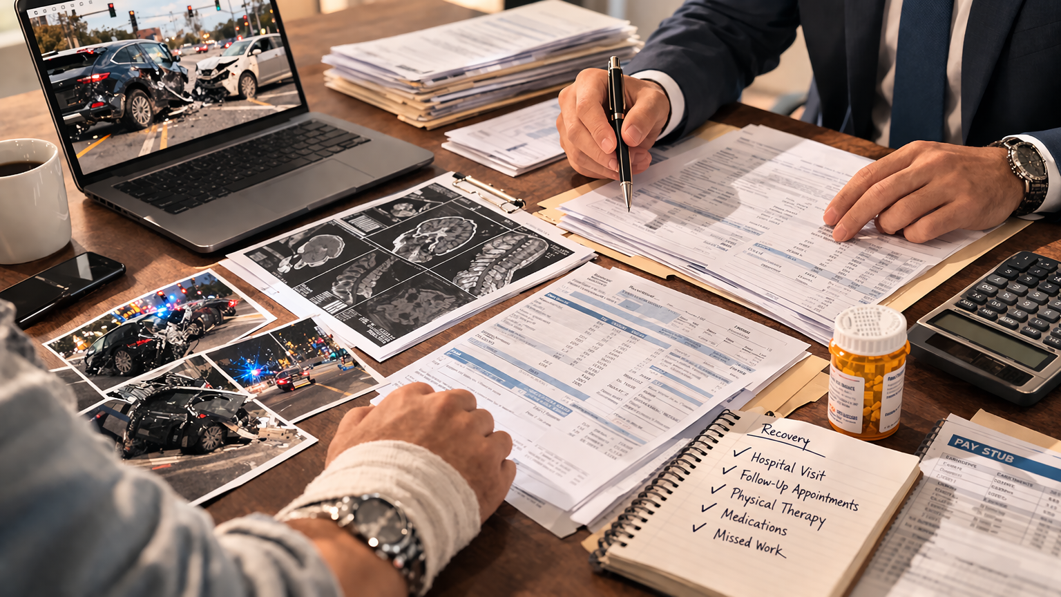 Injury claim review at office desk