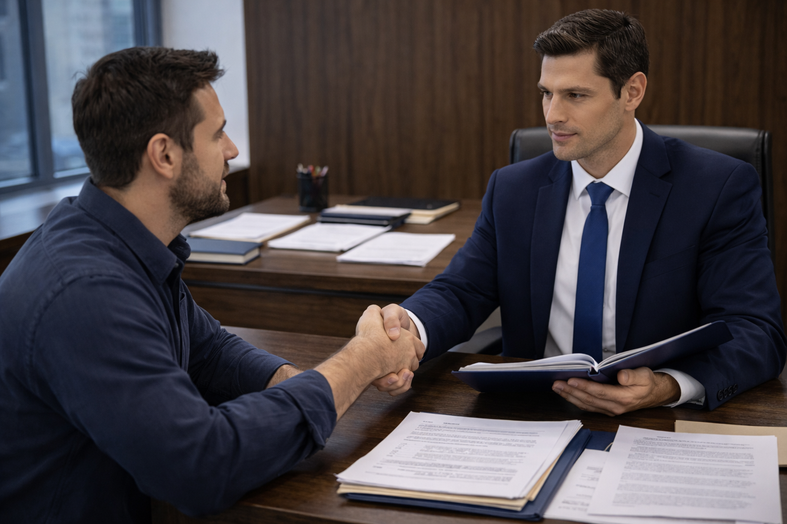 client shaking hands with a lawyer after a thoughtful consultation