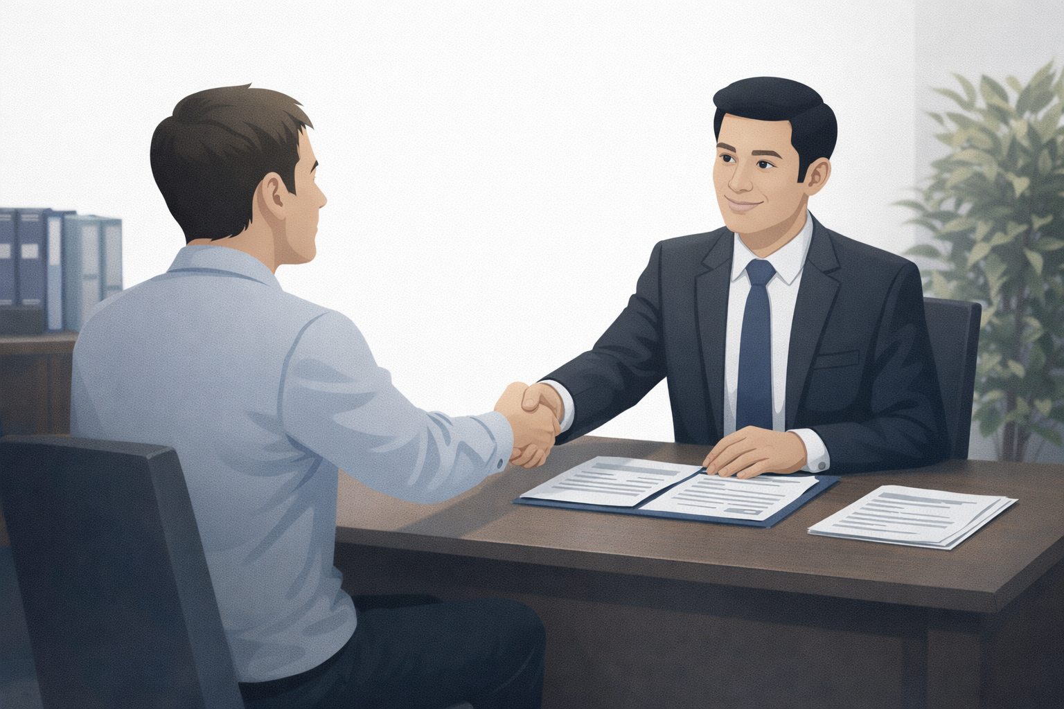 Lawyer and client handshake in office