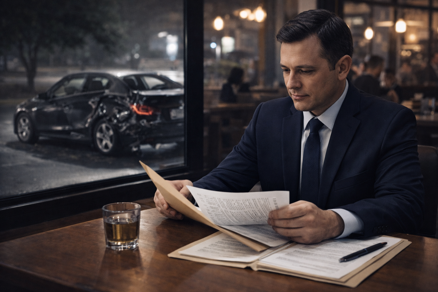 Lawyer at work, dimly lit bar