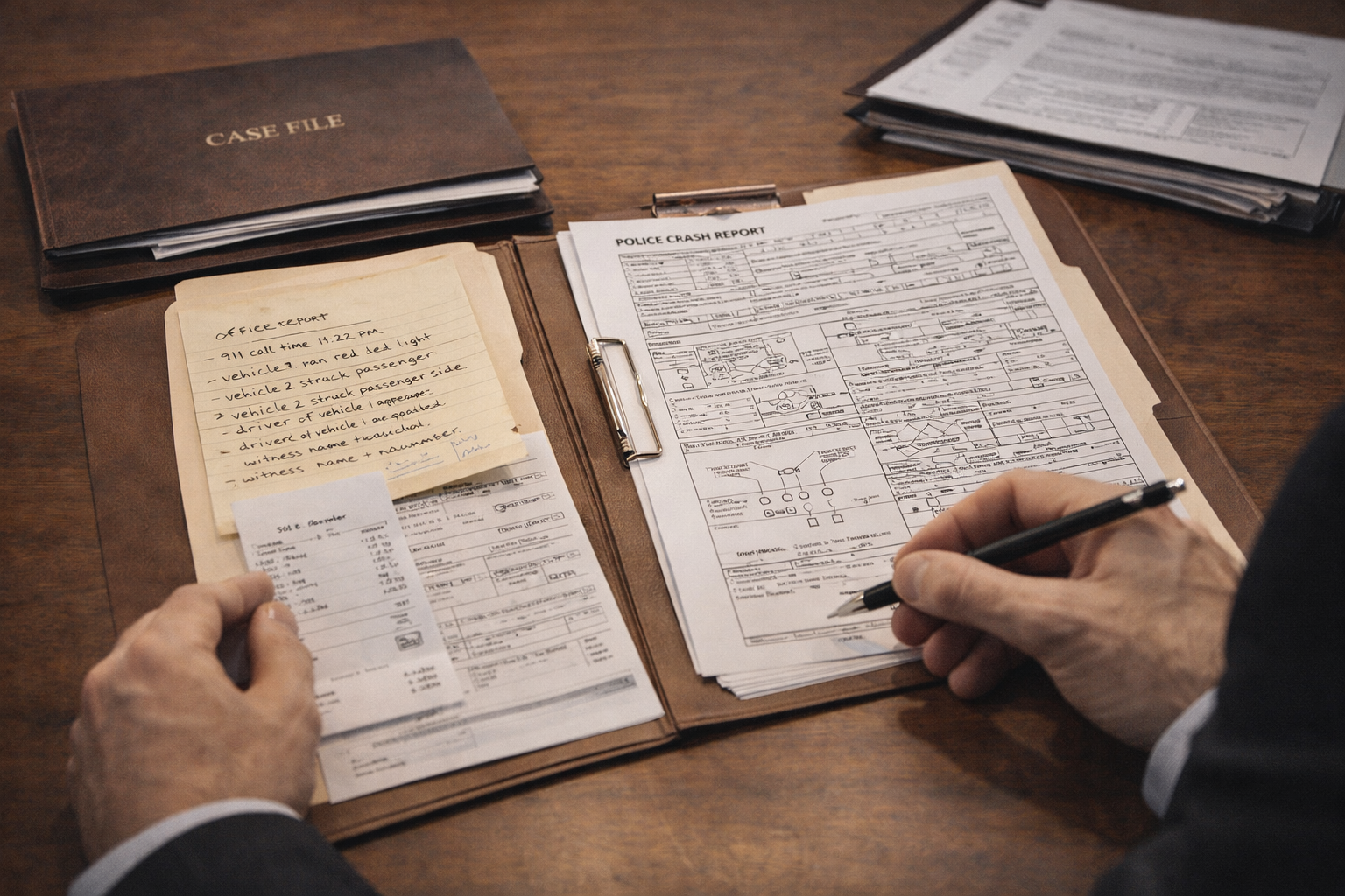 Lawyer reviewing accident report and notes