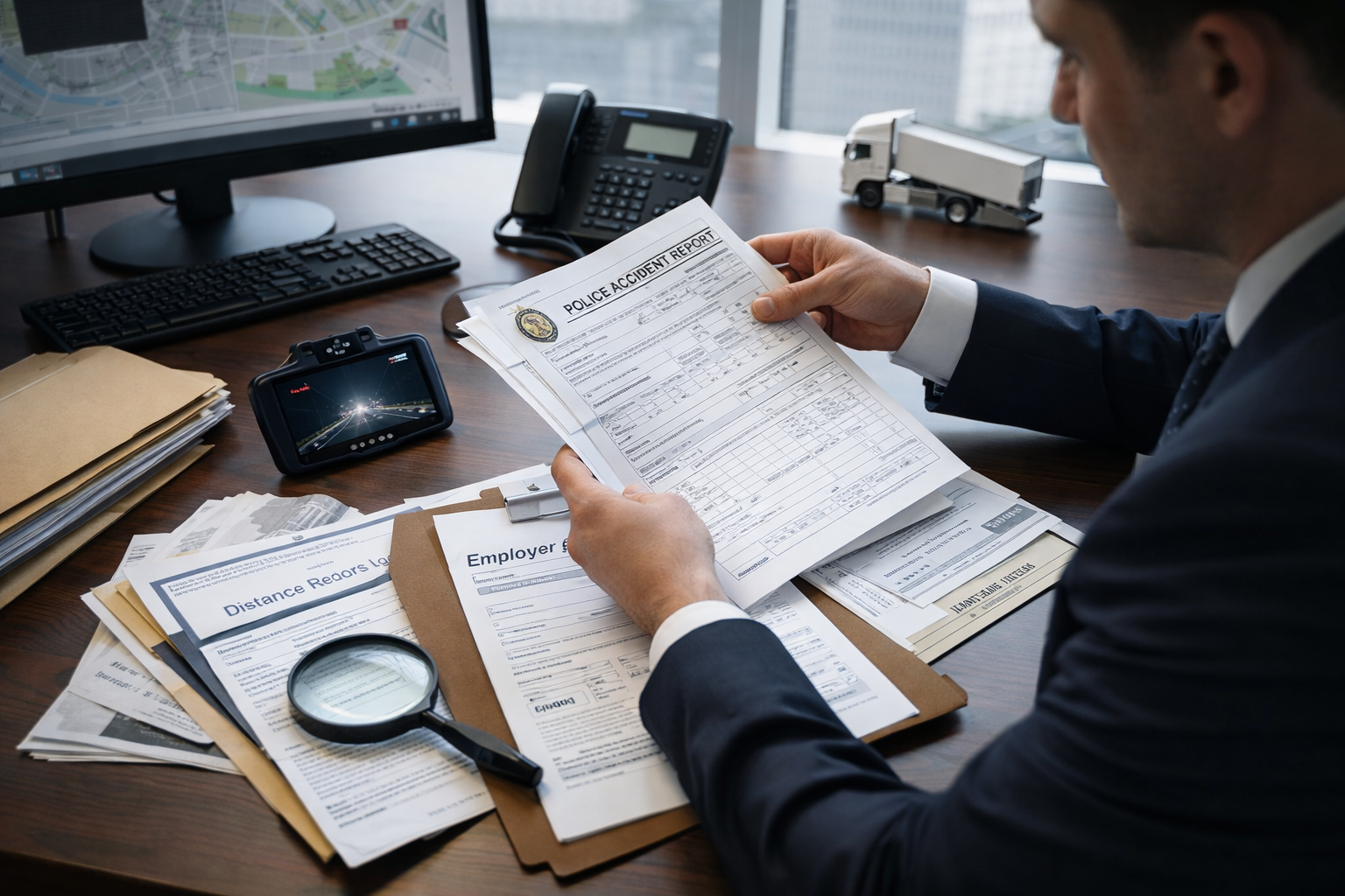 Lawyer reviewing accident reports in office