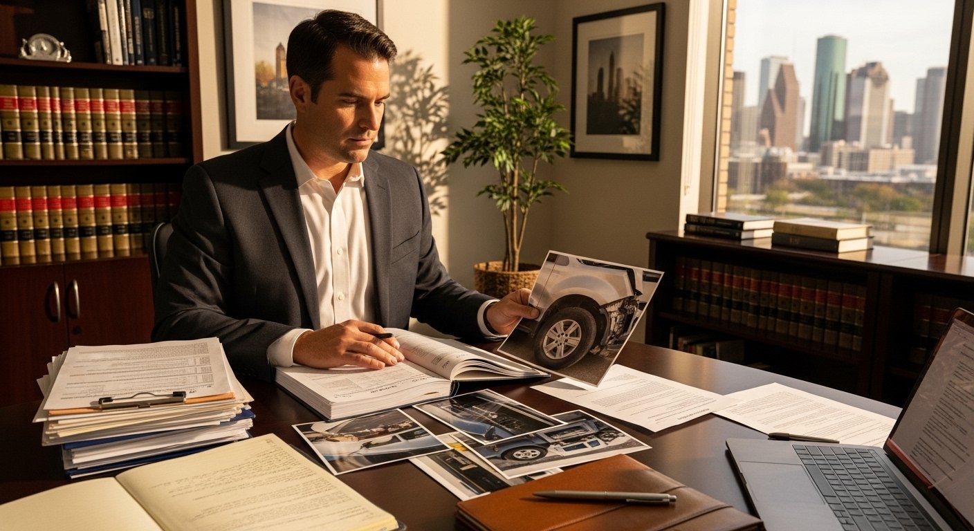 Lawyer reviewing evidence for a Houston drunk driving accident lawsuit