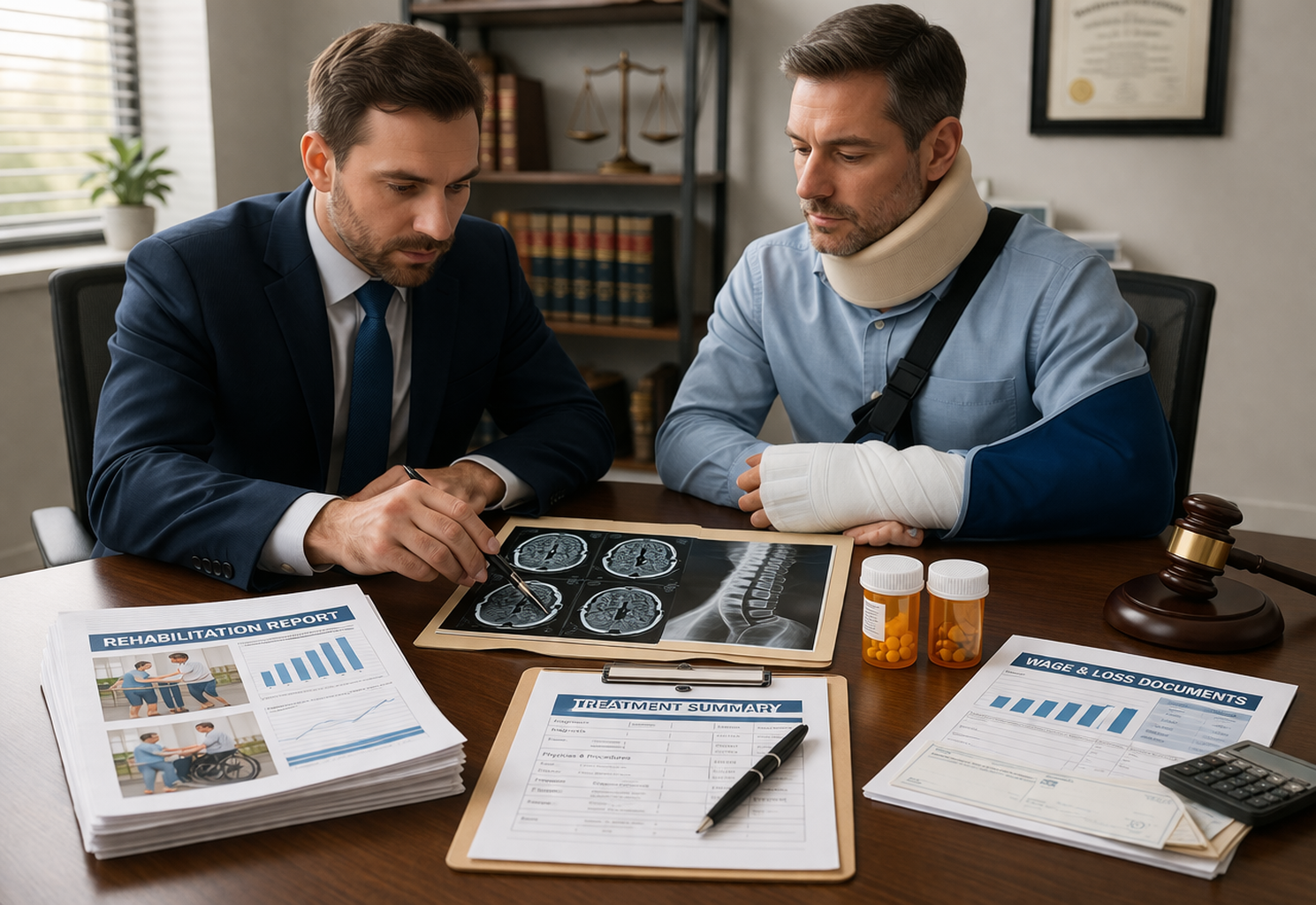 Lawyer reviewing medical evidence with client