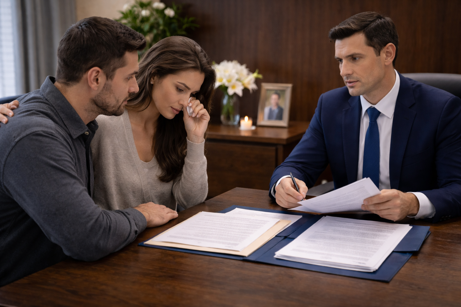 Wrongful death drunk driving accident lawyer Houston hero image with family meeting attorney