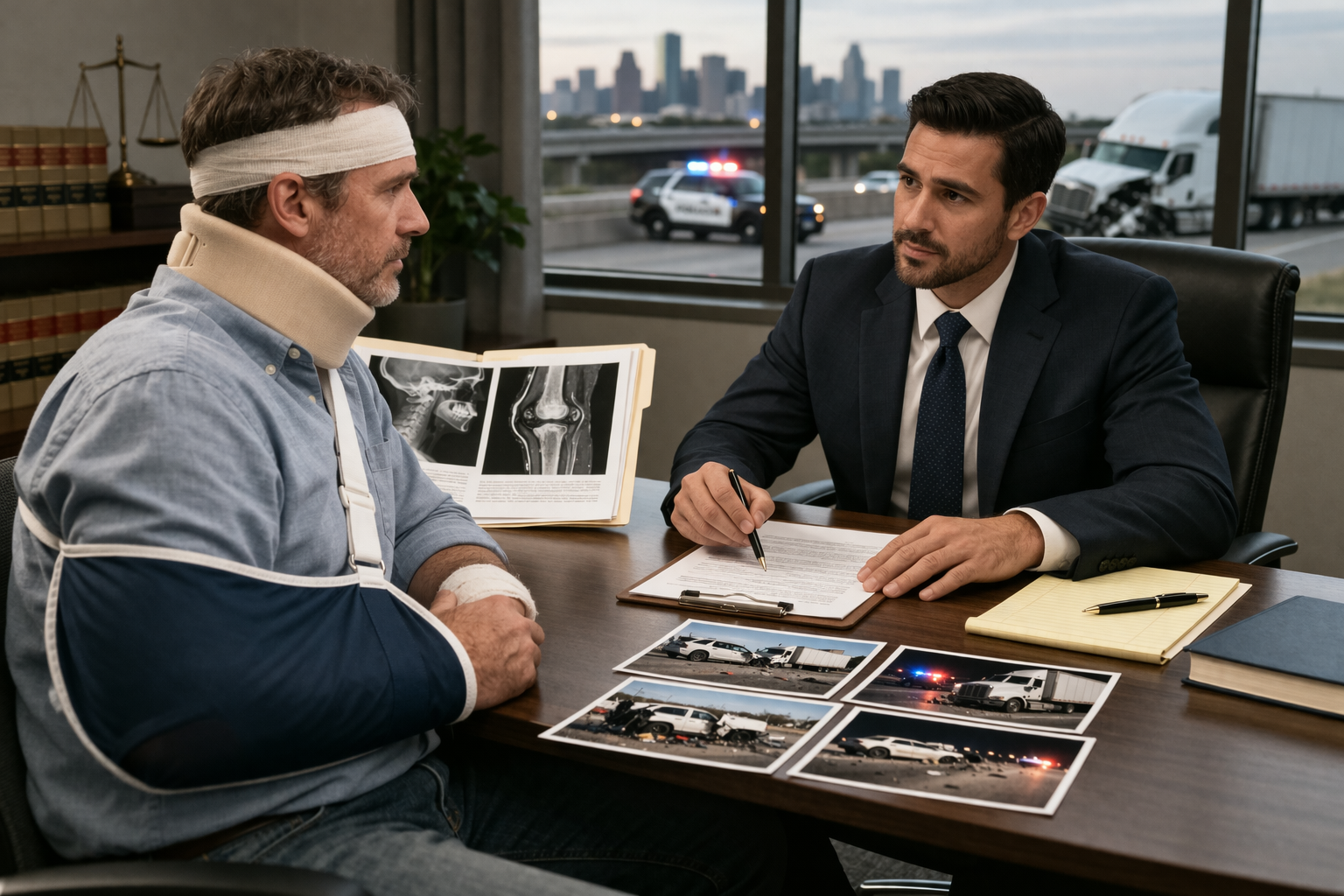 Legal consultation with crash scene backdrop
