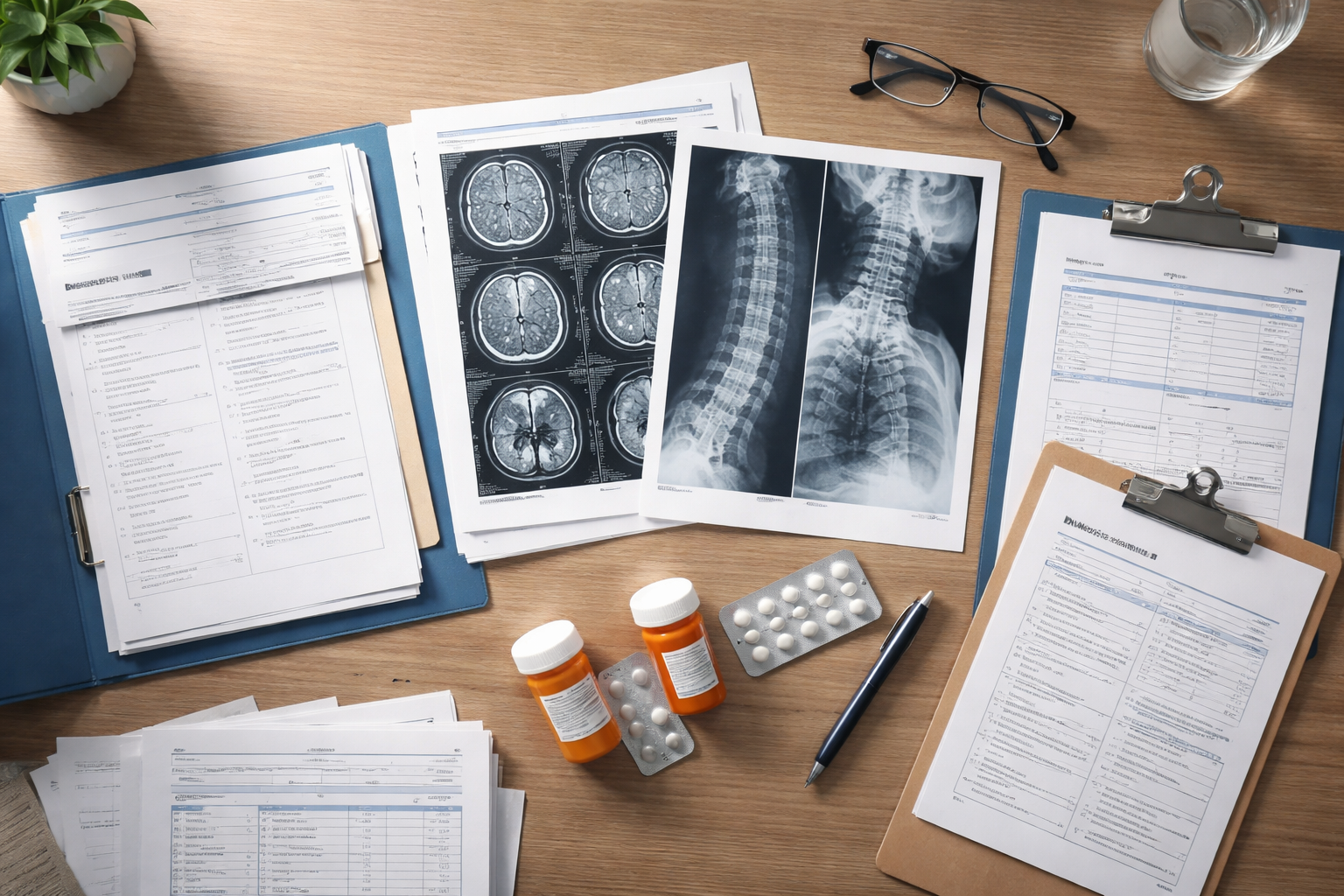 Medical records and legal documents spread out