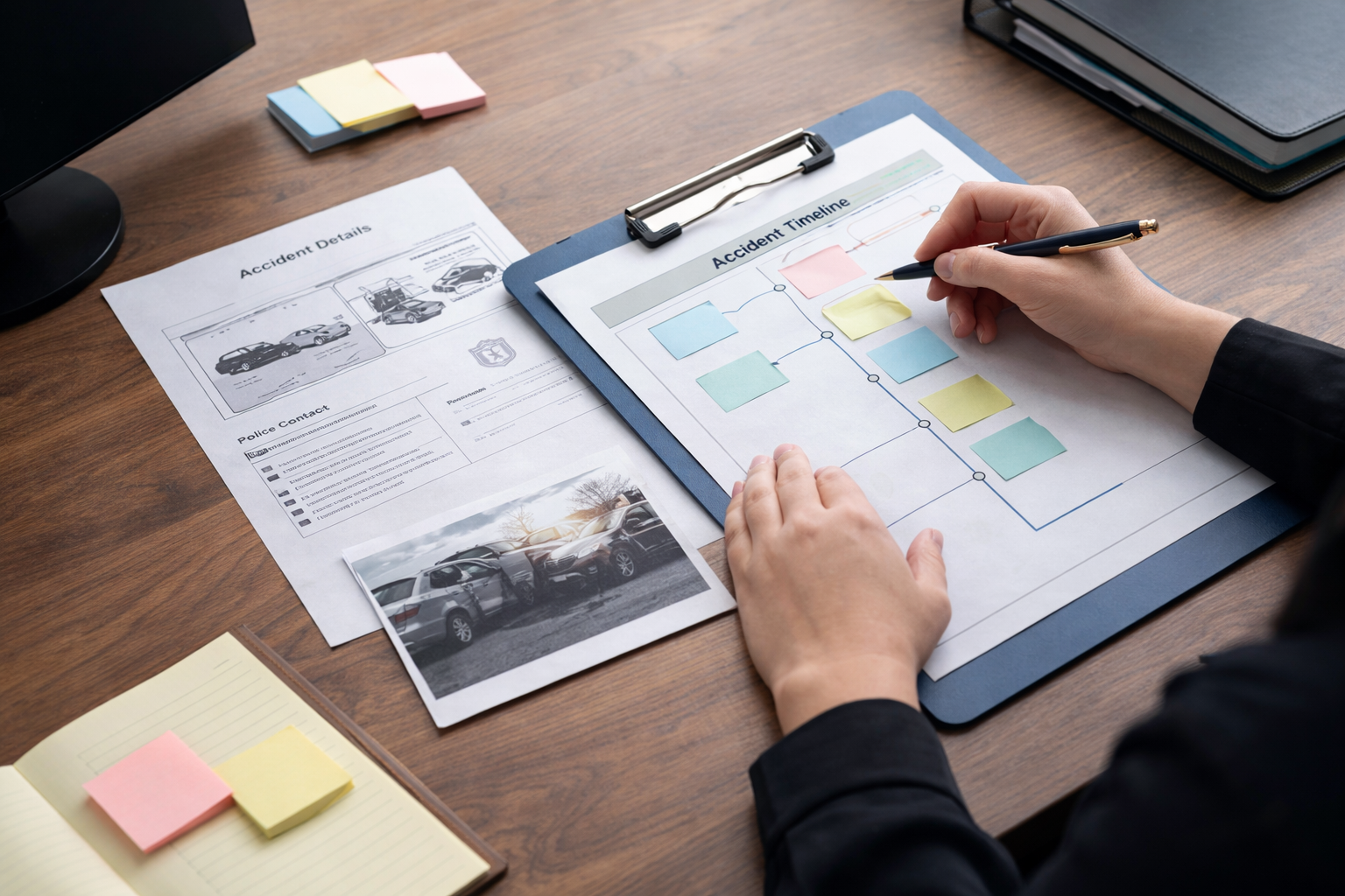 Organizing accident details on a desk
