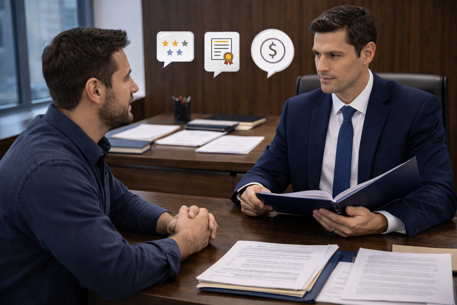 FAQ-style legal illustration showing a client asking questions across a desk from a lawyer