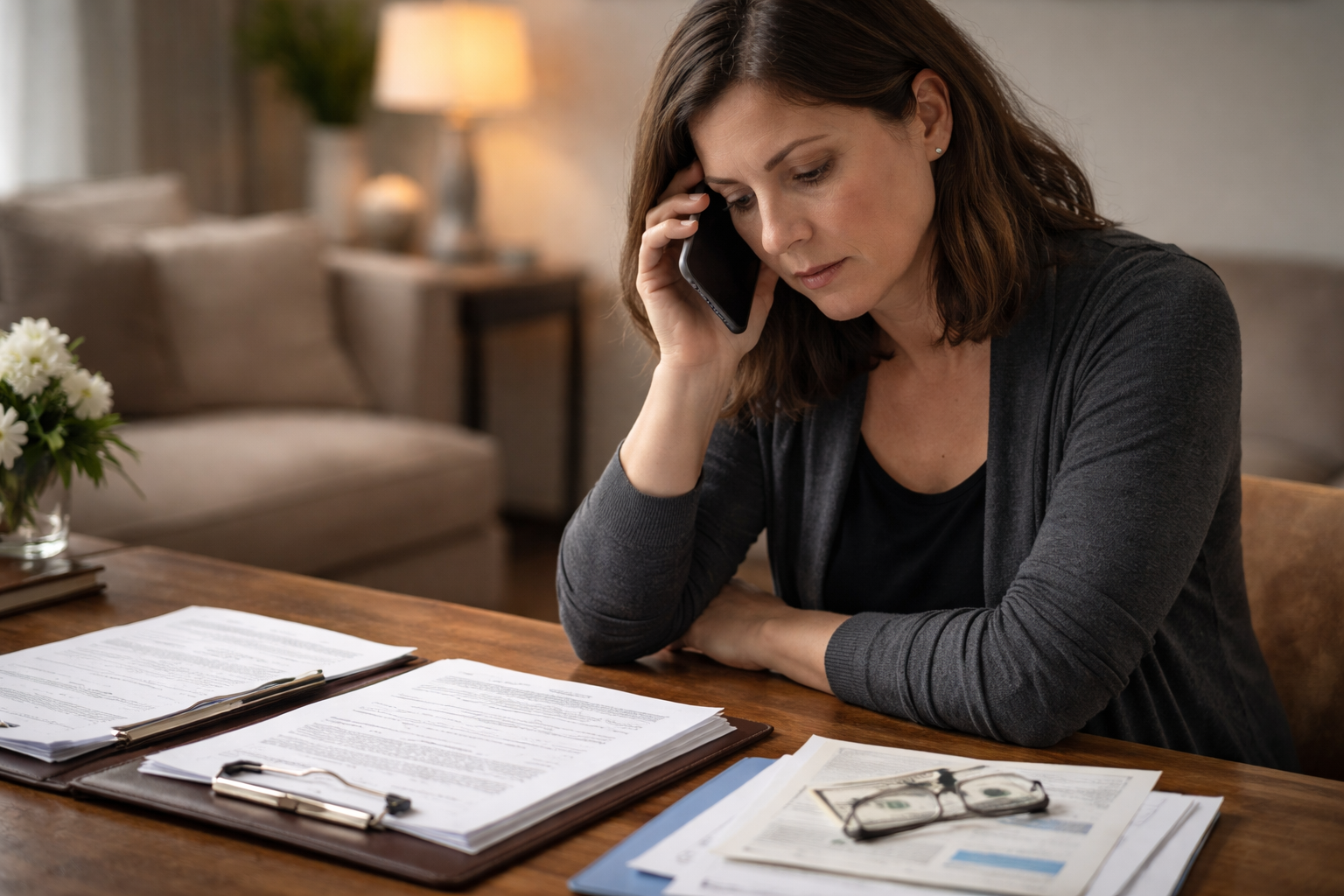 Worried woman reviewing legal documents
