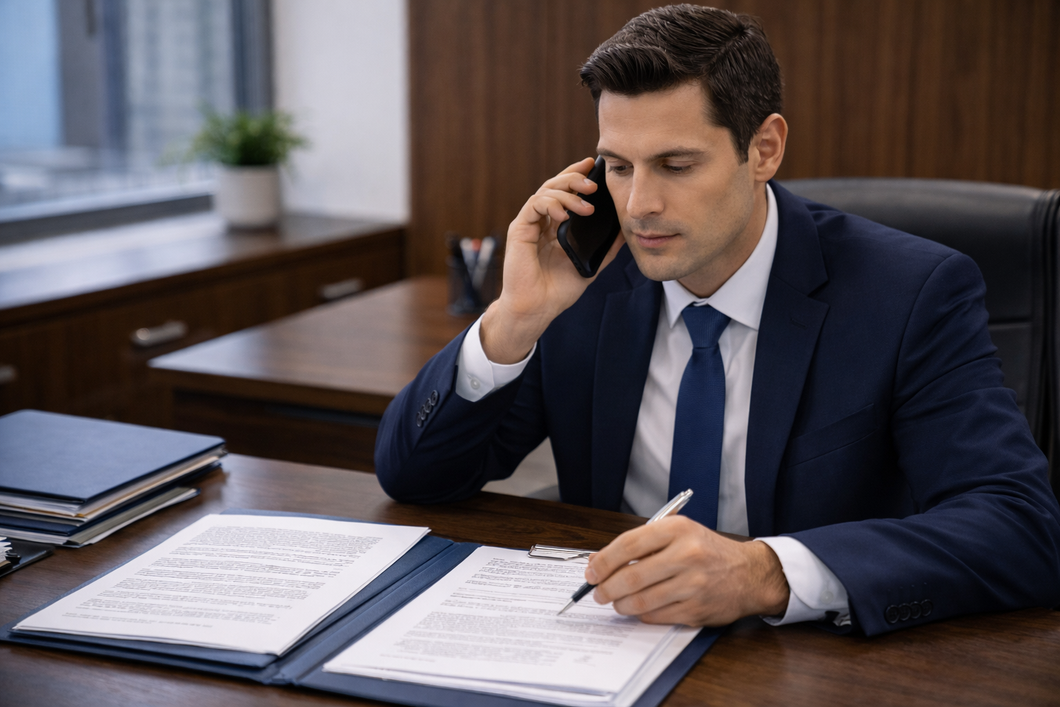 lawyer on a phone call with a client while reviewing a case file