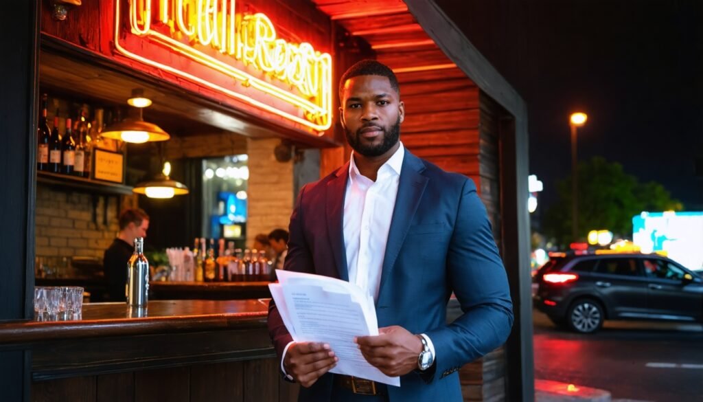 Houston dram shop liability lawyer outside bar with legal documents pursuing overservice civil claim after DUI crash