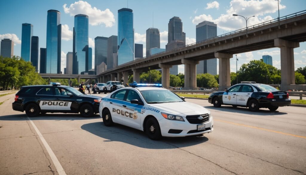 Houston car accident lawyer handling drunk driver case on Houston highway with police and damaged vehicles
