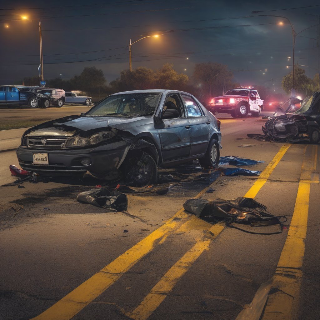 Houston drunk driving accident crash scene at night with police lights and damaged vehicles