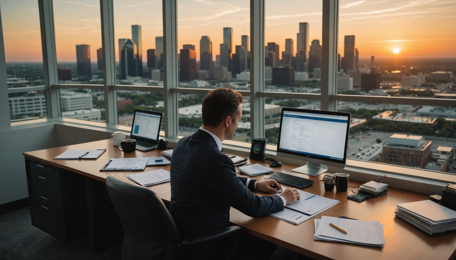 Houston DWI accident attorney reviewing injury case files at law office with Houston skyline view