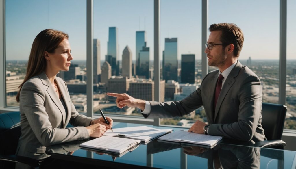 Houston DWI accident attorney consulting with injury victim during free DUI case evaluation